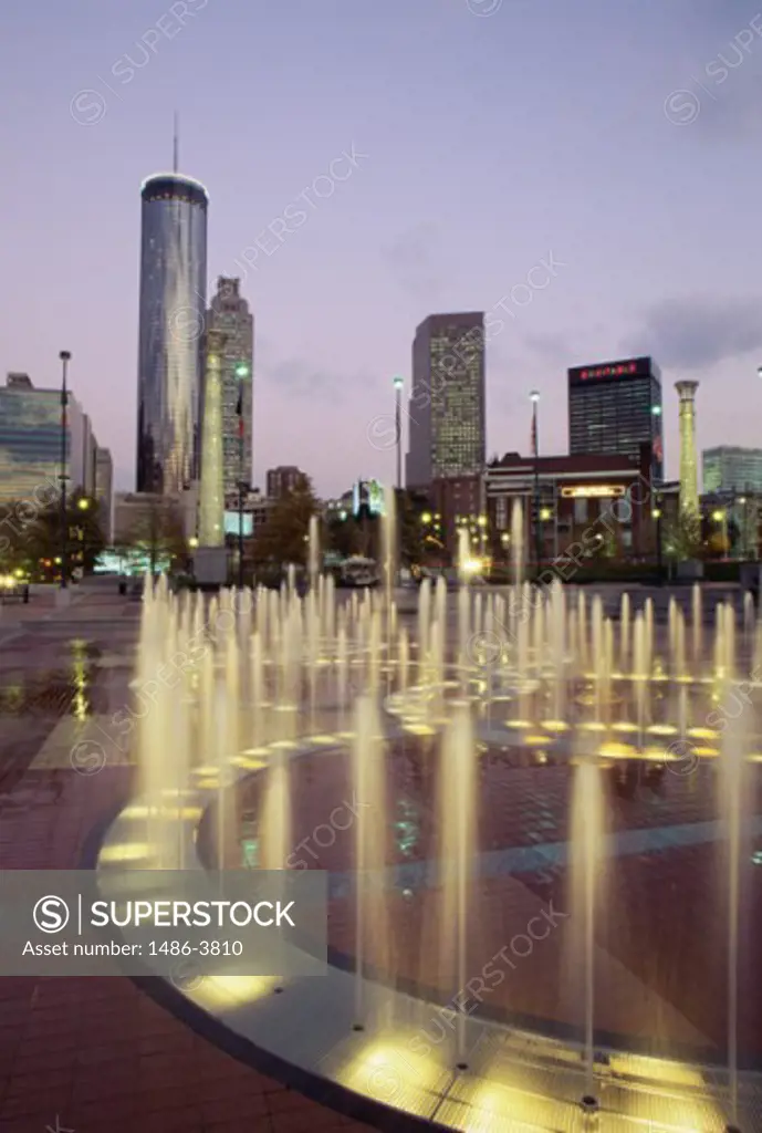Fountains in a park with skyscrapers in the background, Centennial Olympic Park, Atlanta, Georgia, USA