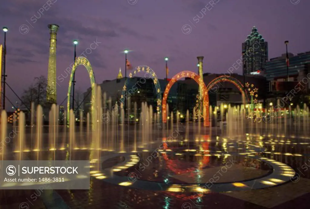 Fountains in a park with buildings in the background, Centennial Park, Atlanta, Georgia, USA