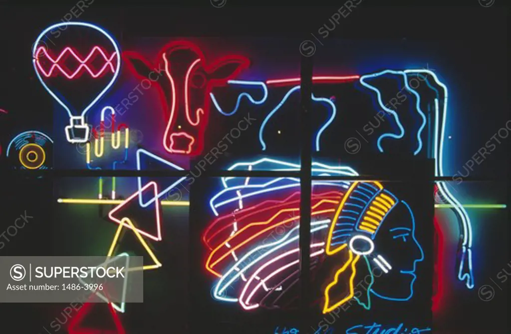 USA, New Mexico, Albuquerque, illuminated neon signs