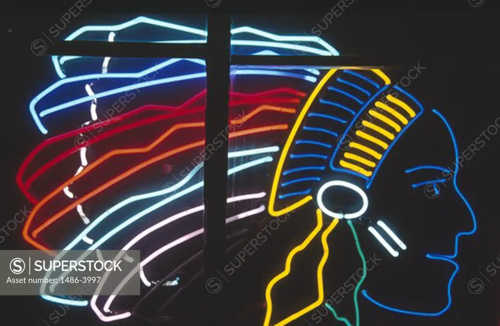 USA, New Mexico, Albuquerque, Indian head neon sign