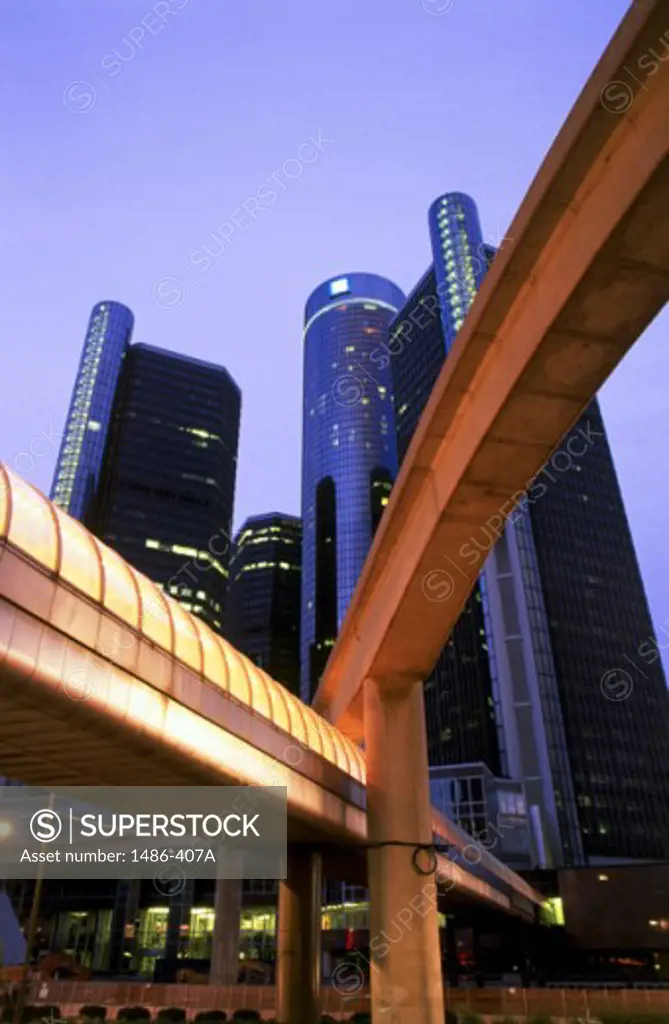 Low angle view of a walkway under an overpass, Renaissance Center, Detroit, Michigan, USA