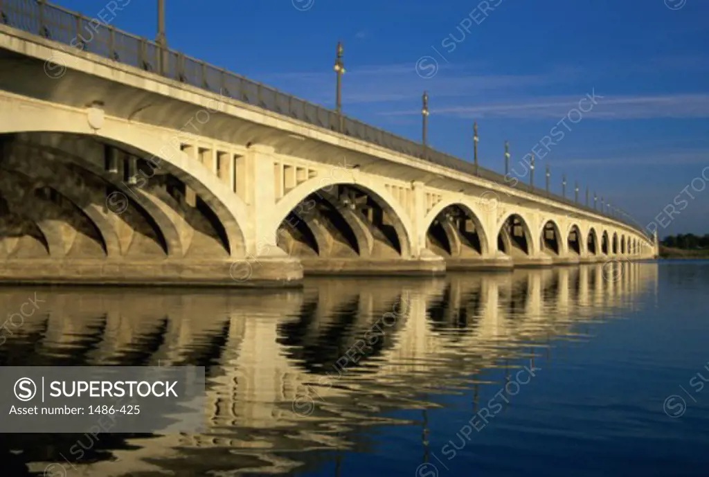 Reflection of a bridge in water, Douglas MacArthur Bridge, Detroit, Michigan, USA
