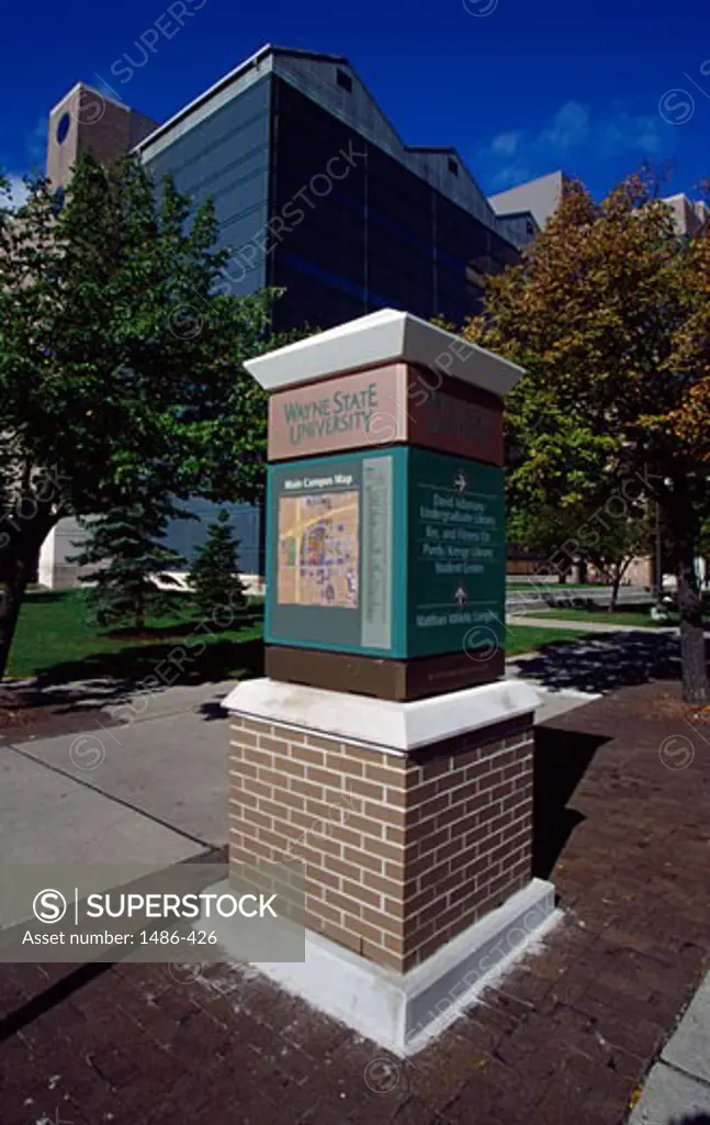 Map column in a university campus, Wayne State University, Detroit, Michigan, USA