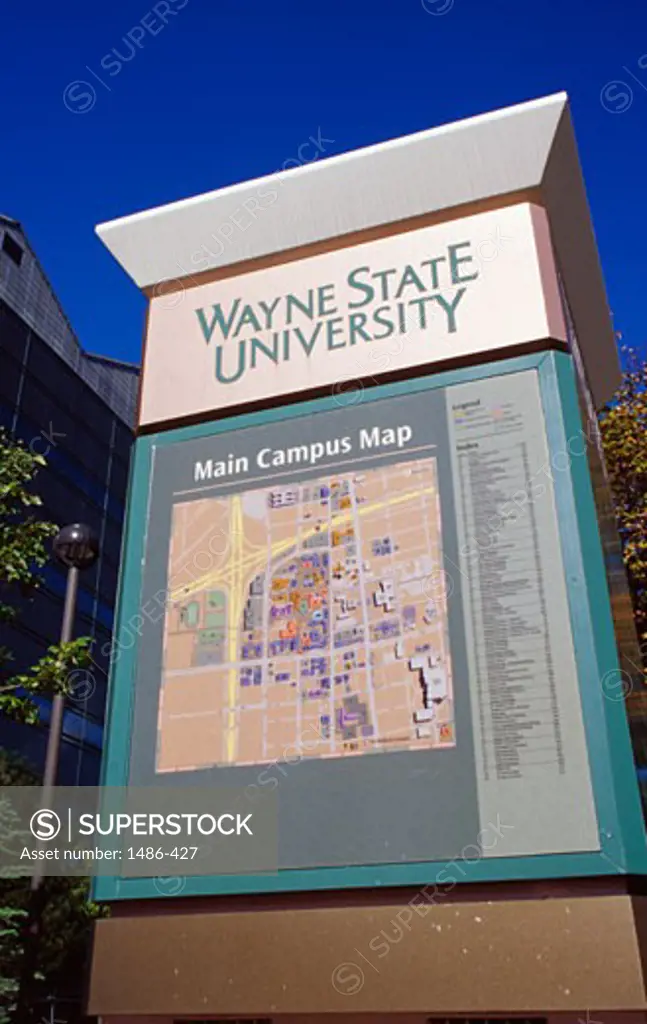 Map column in a university campus, Wayne State University, Detroit, Michigan, USA
