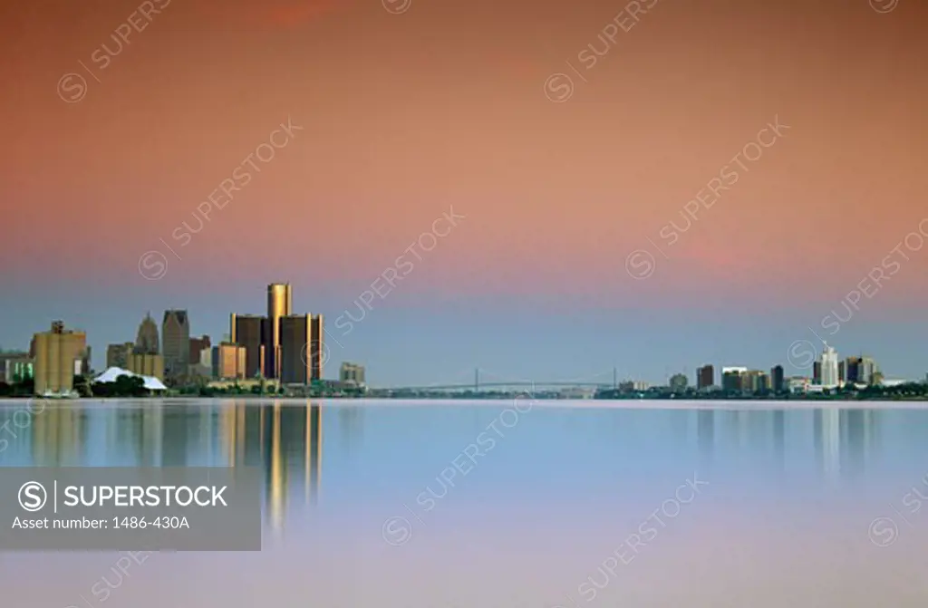 City skylines of Detroit, Michigan, USA and Windsor, Ontario, Canada