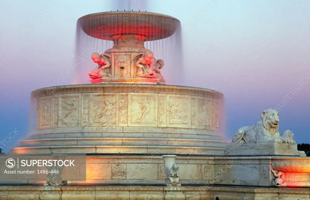 Fountain lit up in a park, Scott Memorial Fountain, Belle Isle Park, Detroit, Michigan, USA