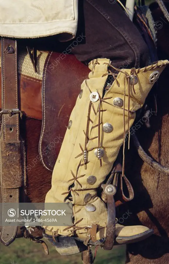 USA, close up of cowboy's hand made boots