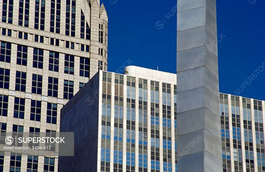 Obelisk in front of buildings, Comerica Tower, Municipal Center, Detroit, Michigan, USA