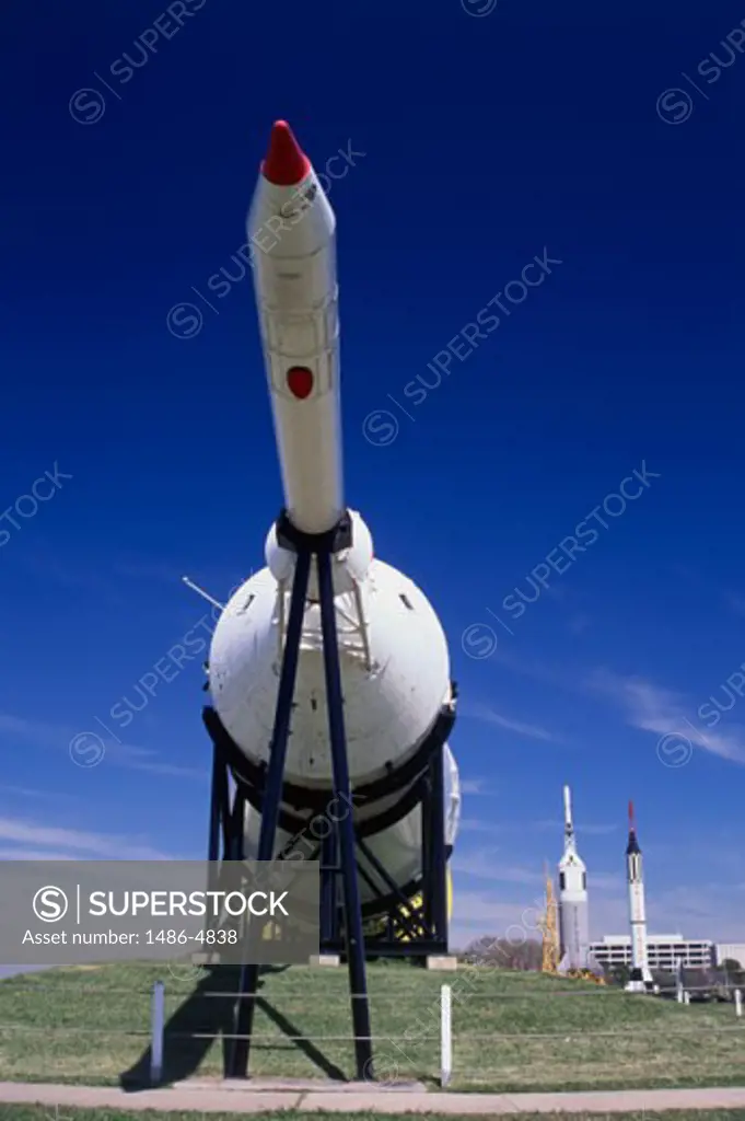 Low angle view of a rocket at a space center, Johnson Space Center, Houston, Texas, USA