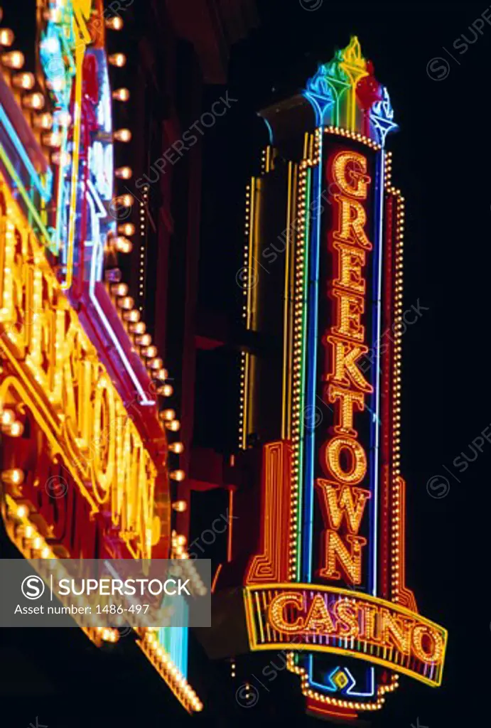 Low angle view of a casino lit up at night, Greektown Casino, Detroit, Michigan, USA