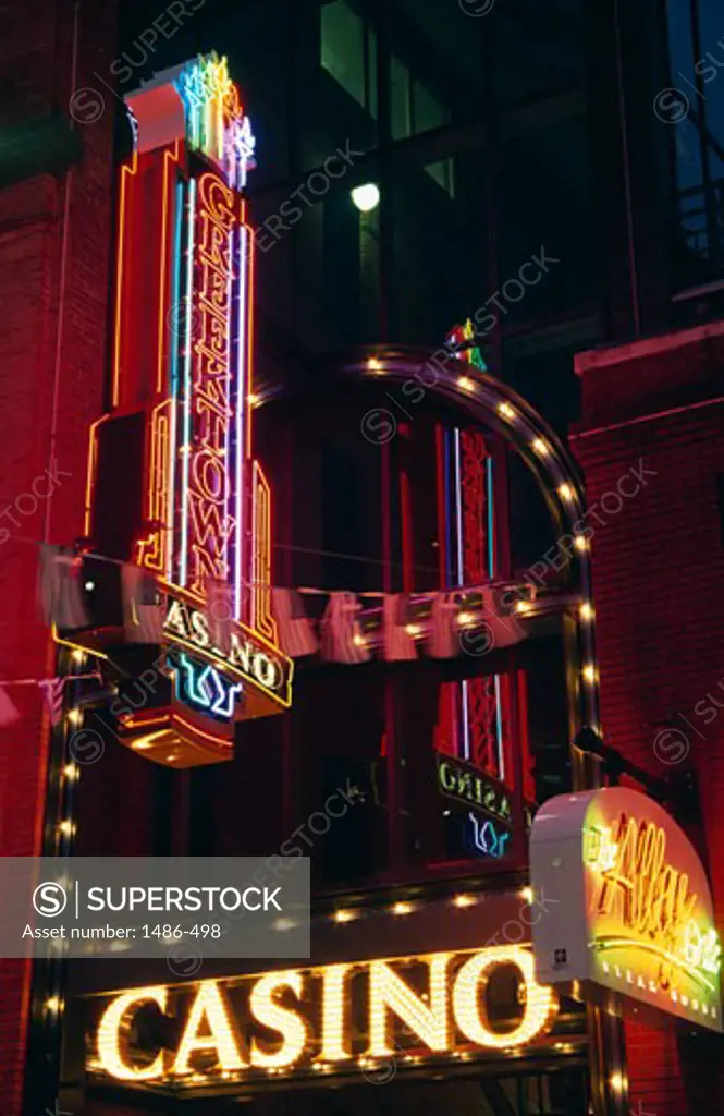 Low angle view of a casino lit up at night, Greektown Casino, Detroit, Michigan, USA