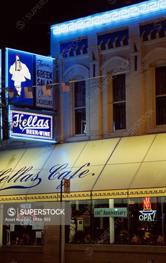 Facade of a cafe, Hellas Cafe, Greektown Historic District, Detroit, Michigan, USA