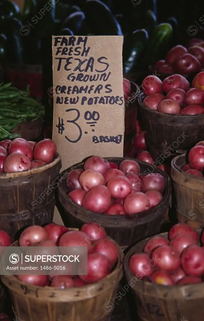Red potatoes in baskets on farmer's market