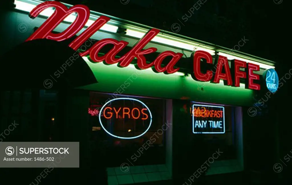 Neon sign of a restaurant, Plaka Cafe, Greektown, Detroit, Michigan, USA