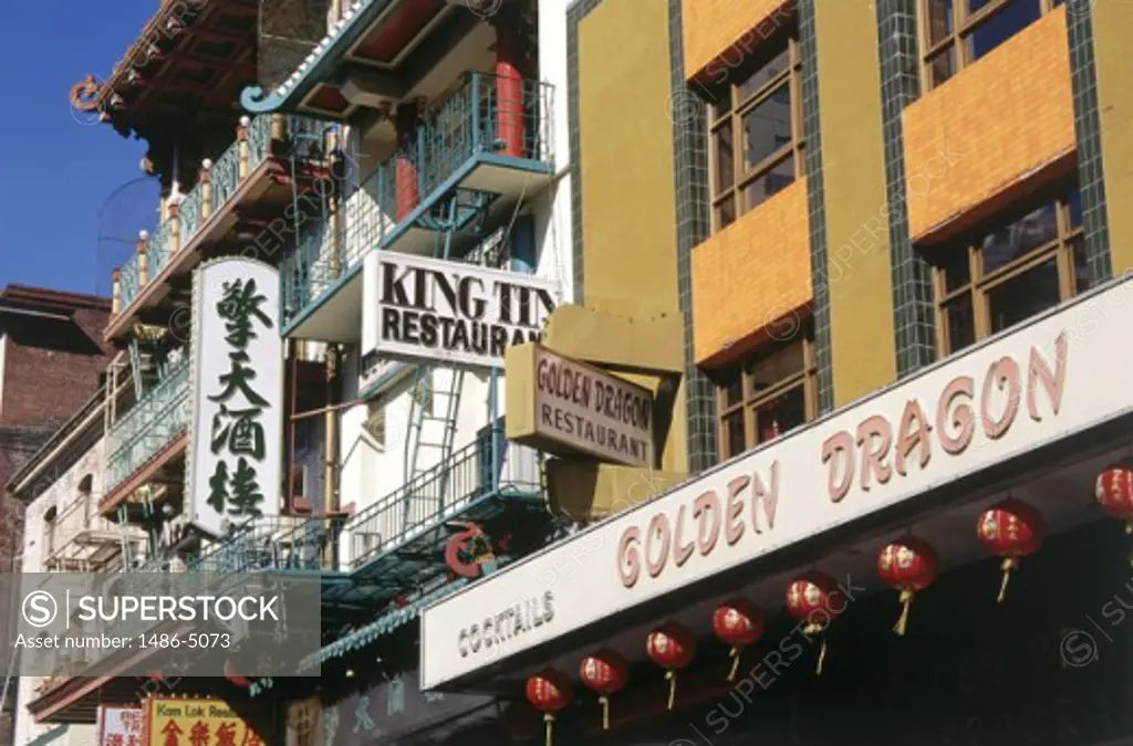 Low angle view of signs of restaurants, Chinatown, San Francisco, California, USA