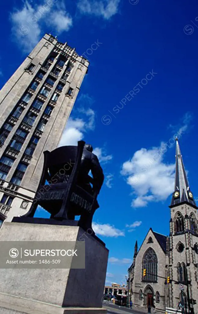 Statue in front of a church, Hazen Pingree Statue, Central United Methodist Church, Detroit, Michigan, USA