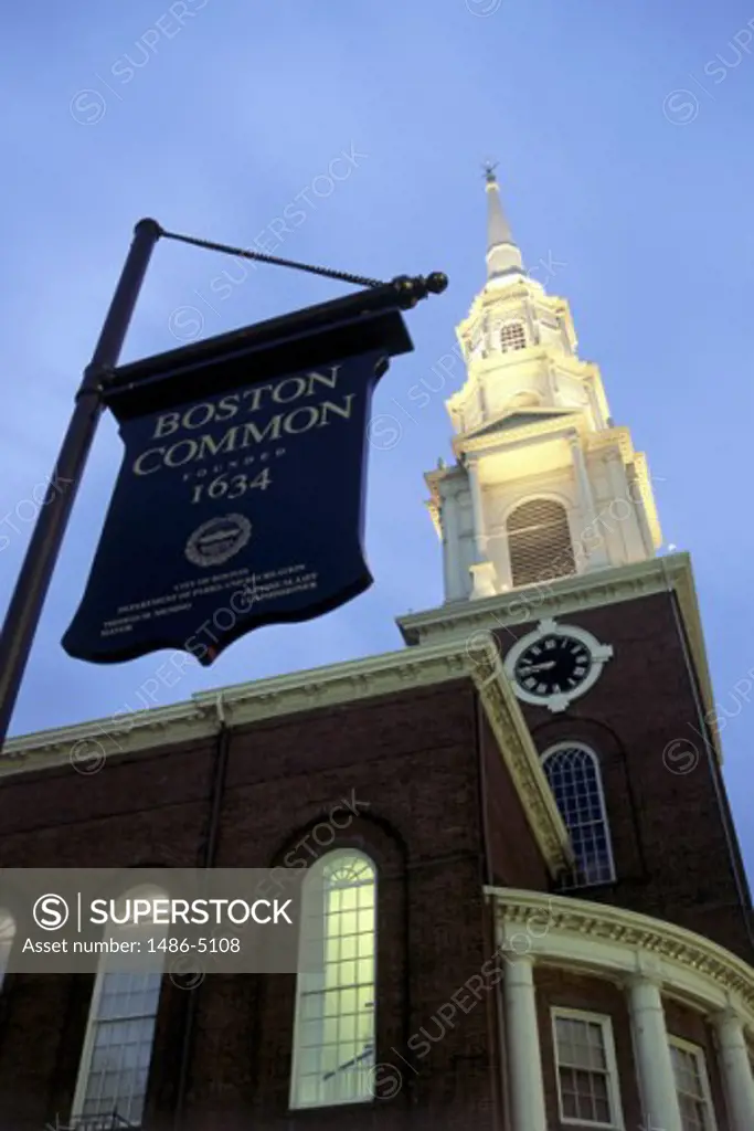 Low angle view of a street sign in front of a church, Park Street Church, Boston, Massachusetts, USA