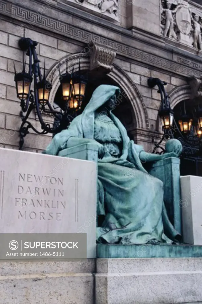 Low angle view of a statue in front of a public library, Boston, Massachusetts, USA