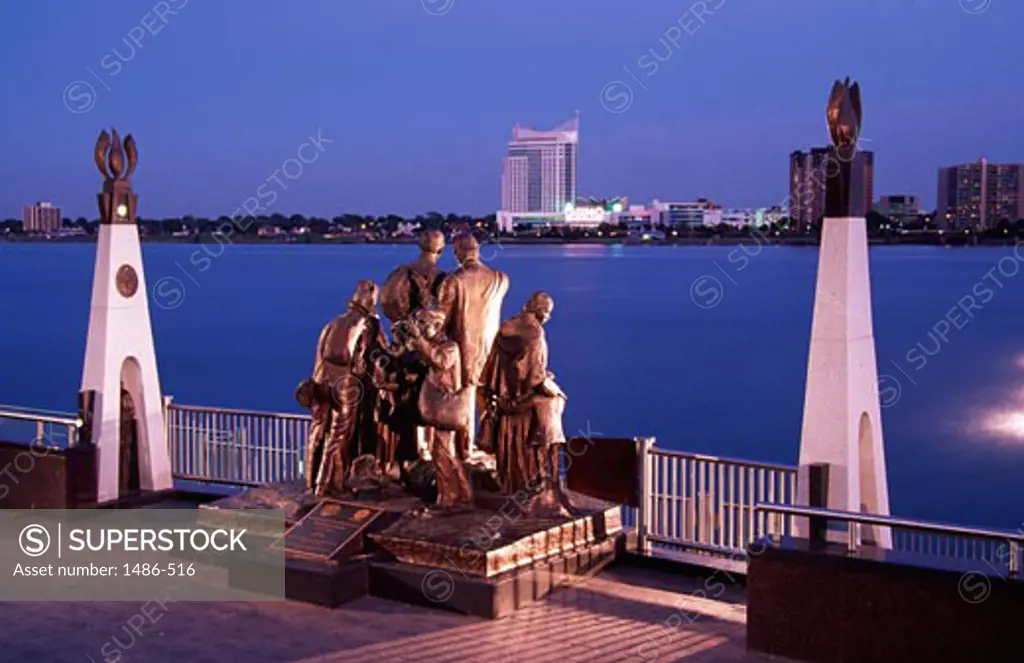 Monument at the waterfront, Gateway To Freedom, Detroit River, Detroit, Michigan, USA