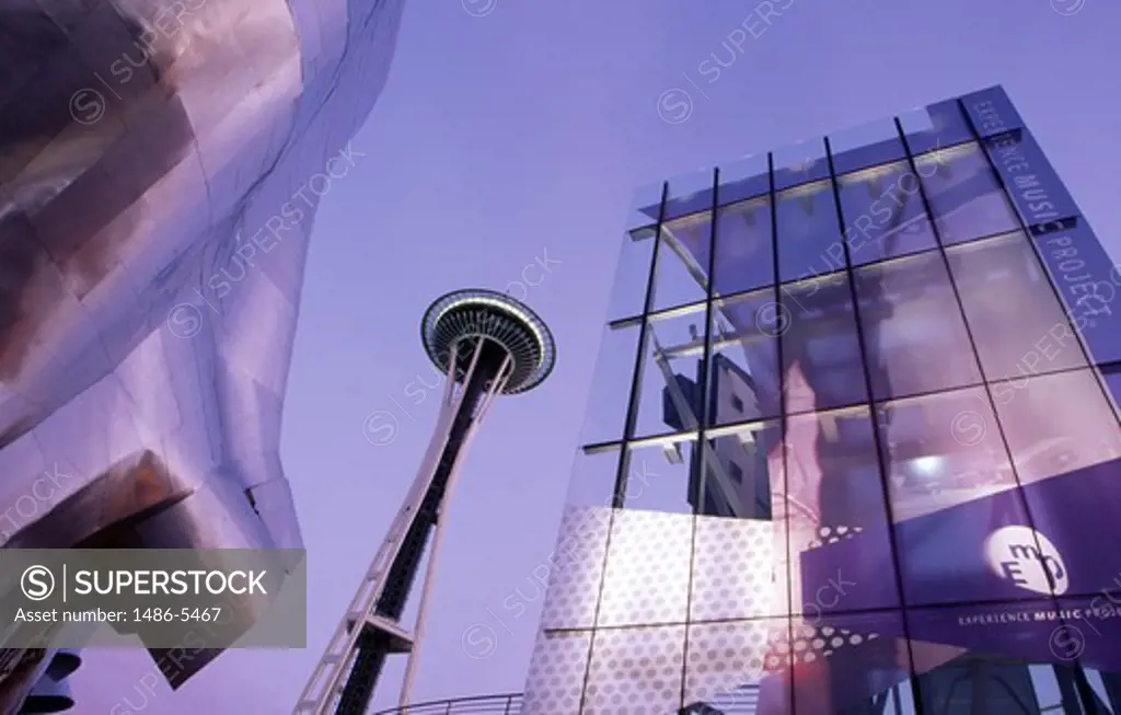 USA, Washington State, Seattle, Local modern architecture with Space Needle in background