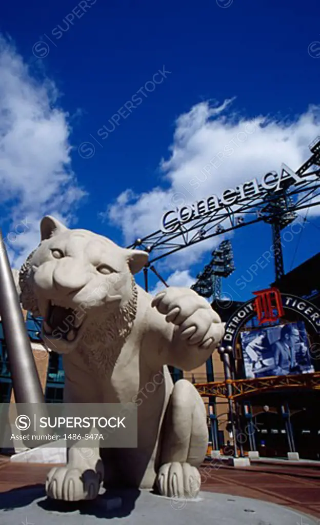 Tiger's statue in front of a baseball stadium, Comerica Park, Detroit, Michigan, USA
