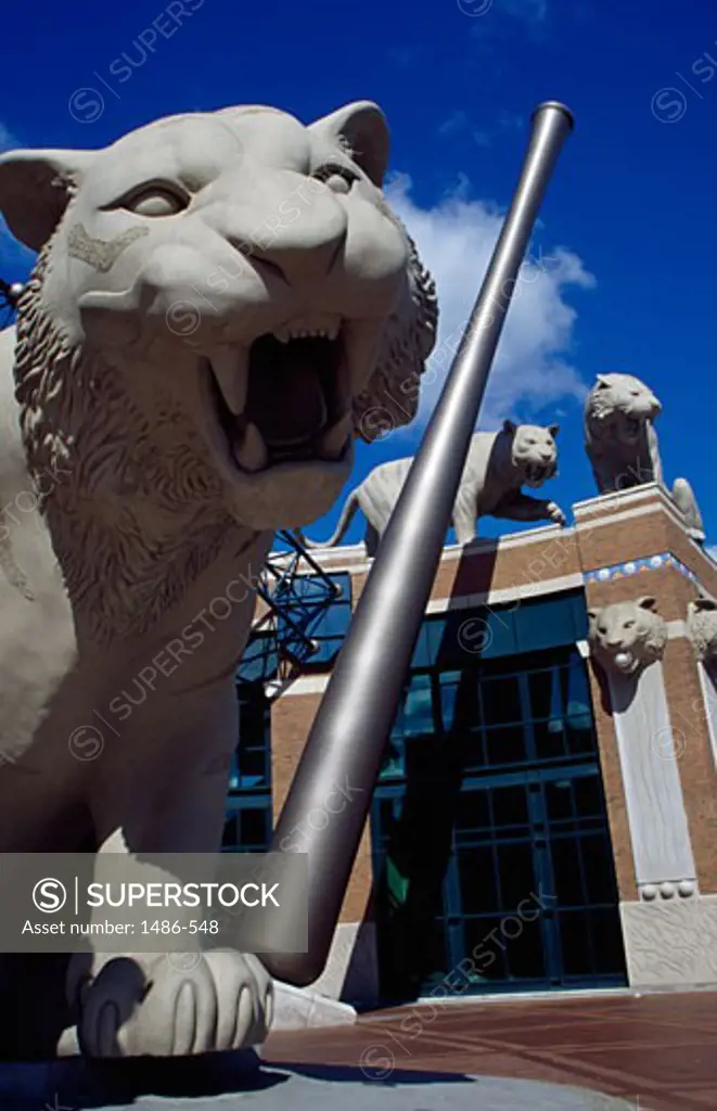 Tiger's statue in front of a baseball stadium, Comerica Park, Detroit, Michigan, USA