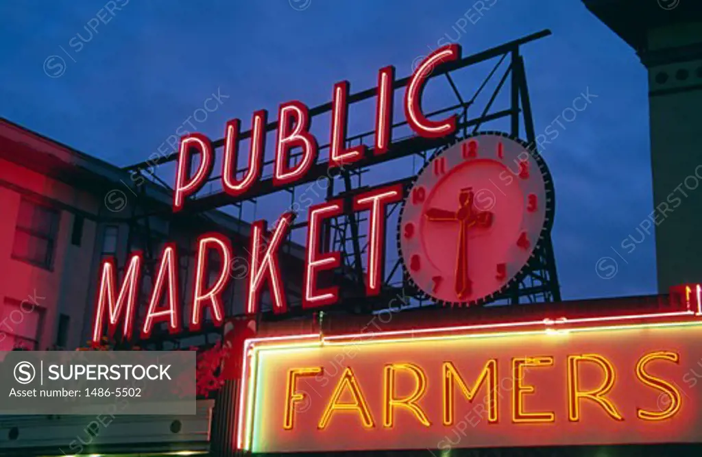 Neon public market sign, Pike Place Market, Seattle, Washington State, USA