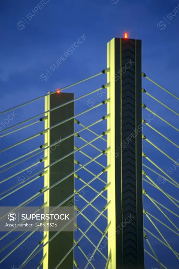 Low angle view of towers of a bridge, Tacoma Narrows Bridge, Tacoma, Washington, USA
