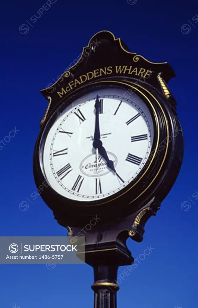 USA, California, Newport Beach, McFaddens Wharf, Historic outdoors clock