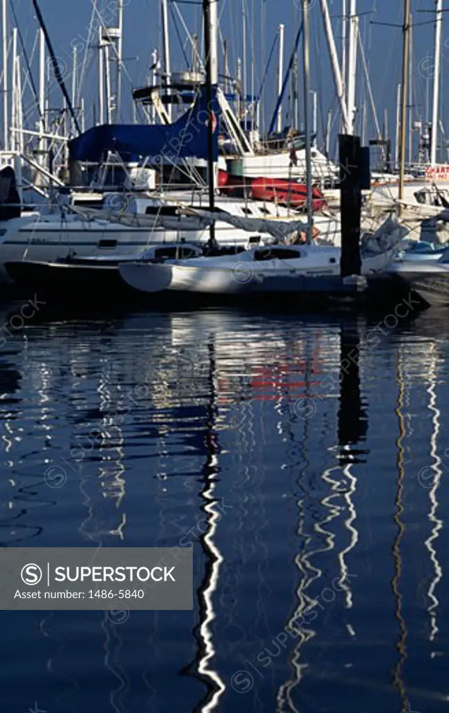 Boats moored at a harbor, Santa Barbara, California, USA