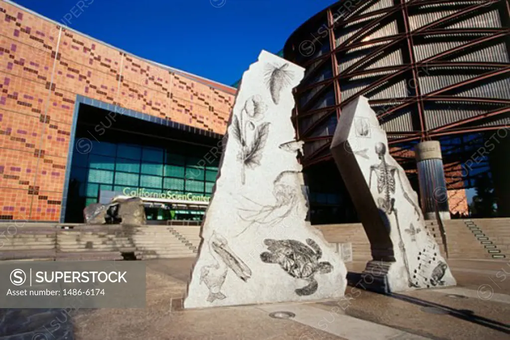 Sculptures in front of a museum, California Science Center, Los Angeles, California, USA