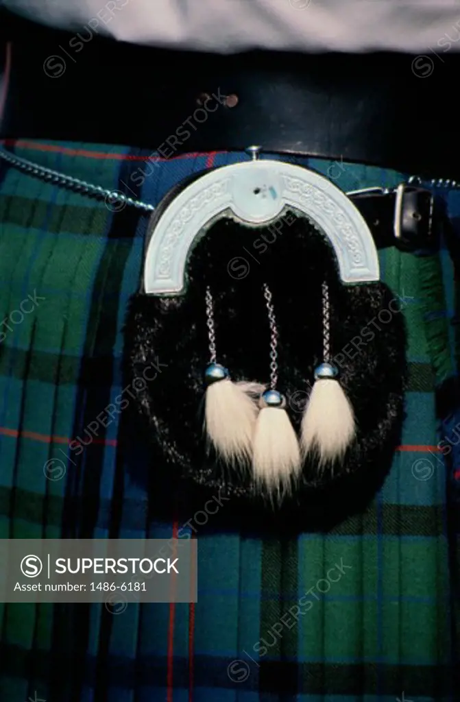 Purse attached to a Scottish kilt, Irish Fair, Los Angeles, California, USA