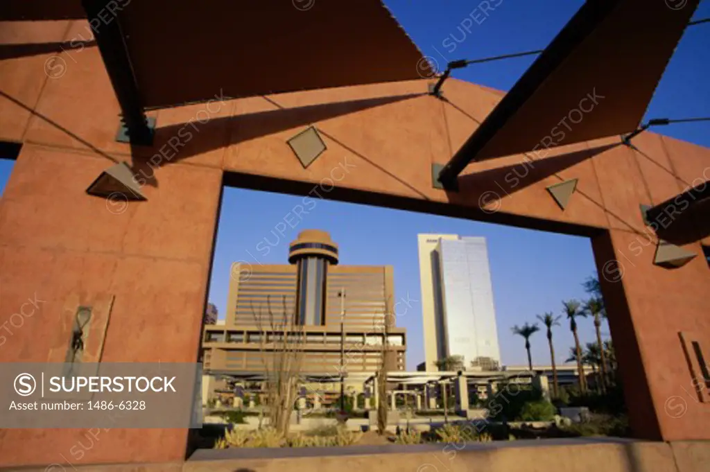 Low angle view of buildings viewed through a window, Phoenix Civic Plaza, Phoenix, Arizona, USA