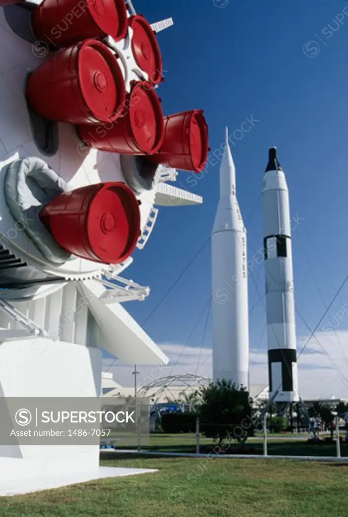 Low angle view of rockets and a space shuttle at a space center, Kennedy Space Center, Cape Canaveral, Florida, USA