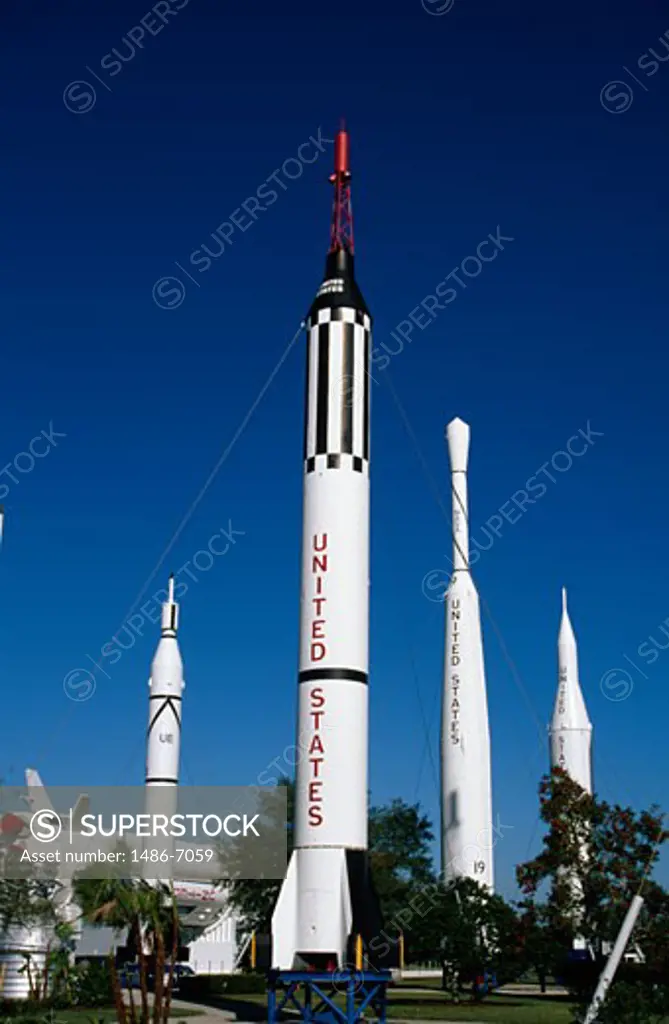 Rockets at a space center, NASA Kennedy Space Center, Cape Canaveral, Florida, USA