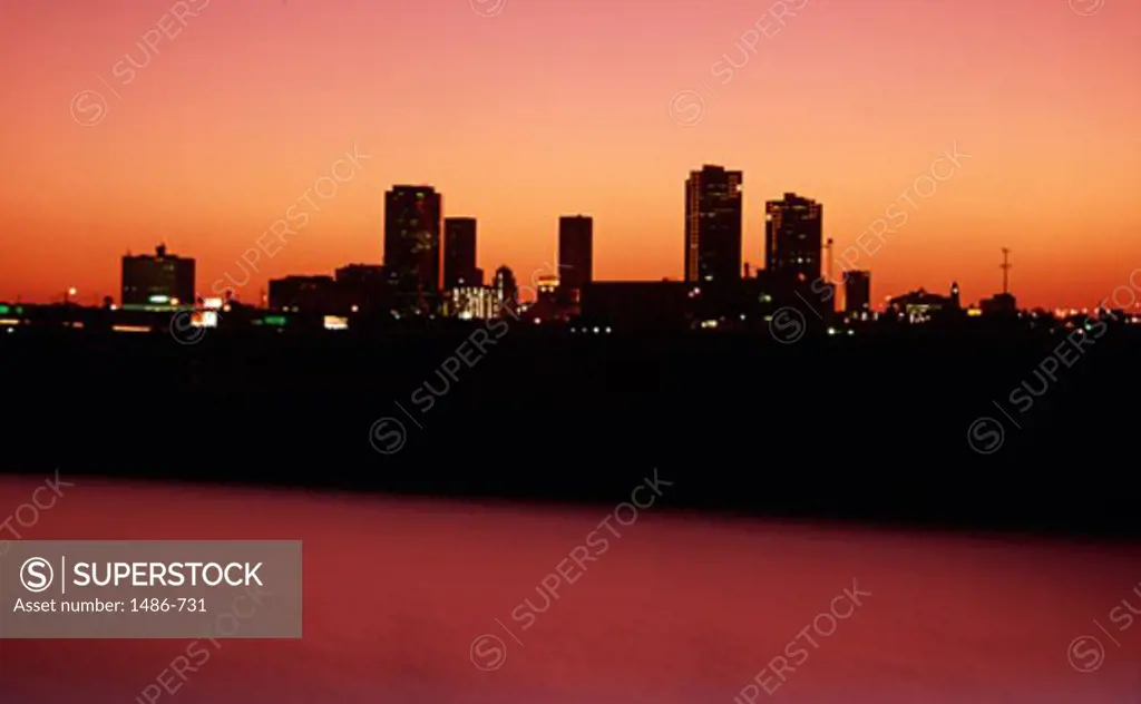 Skyline of a city at dusk, Trinity River, Fort Worth, Texas, USA