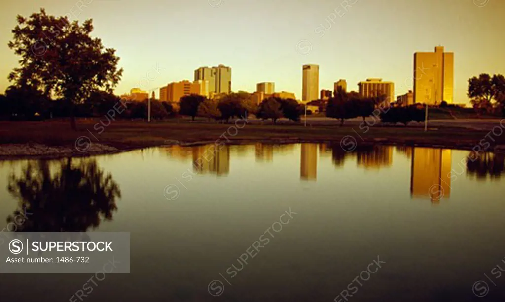 Skyline of a city at riverbank, Trinity River, Fort Worth, Texas, USA