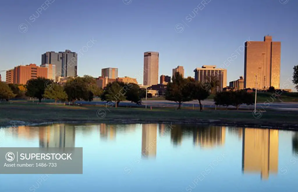 Skyline of a city at riverbank, Trinity River, Fort Worth, Texas, USA