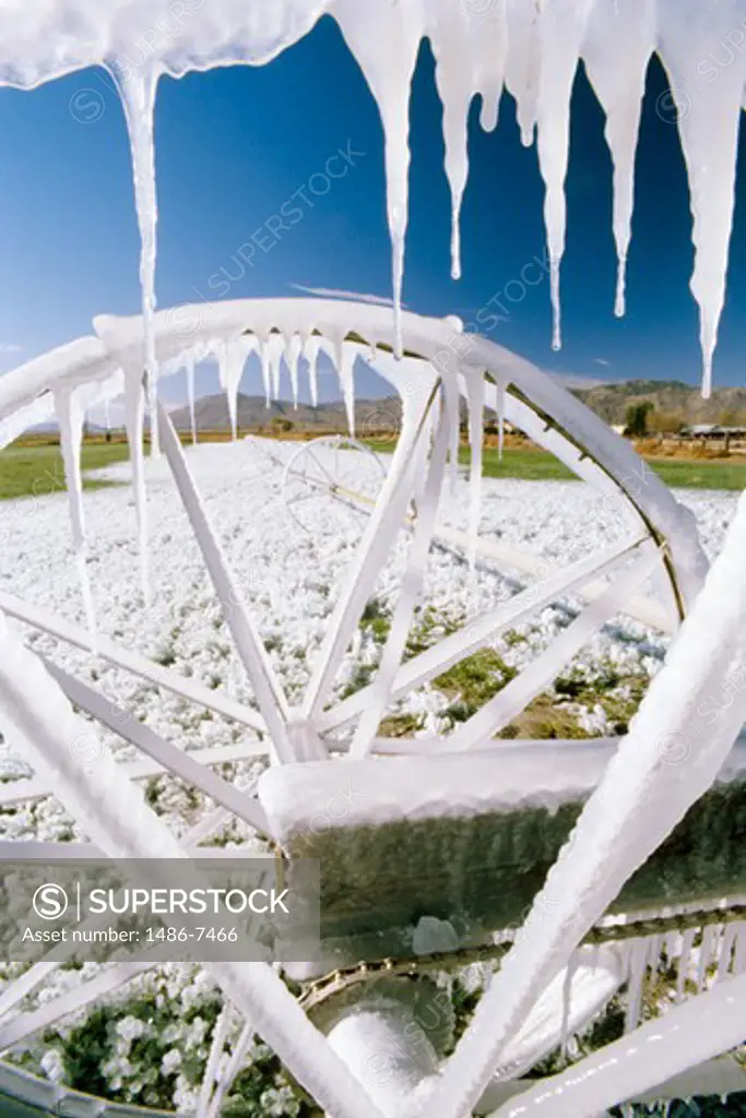 USA, California, San Jacinto Valley, Agricultural equipment covered with ice