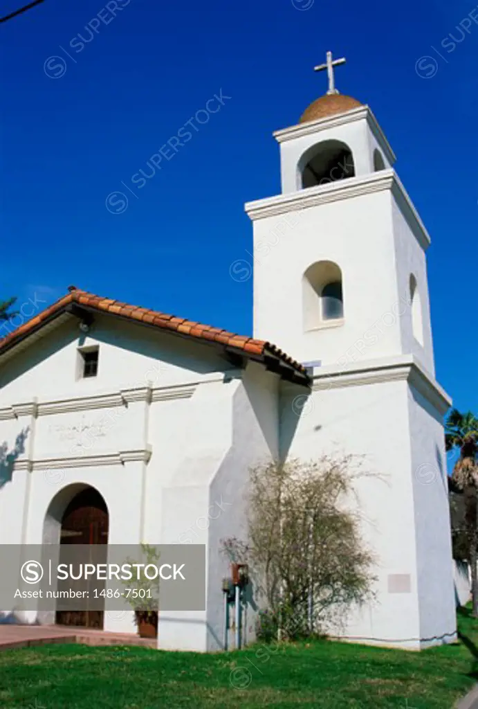 Low angle view of a church building, Mission Santa Cruz, Santa Cruz, California, USA