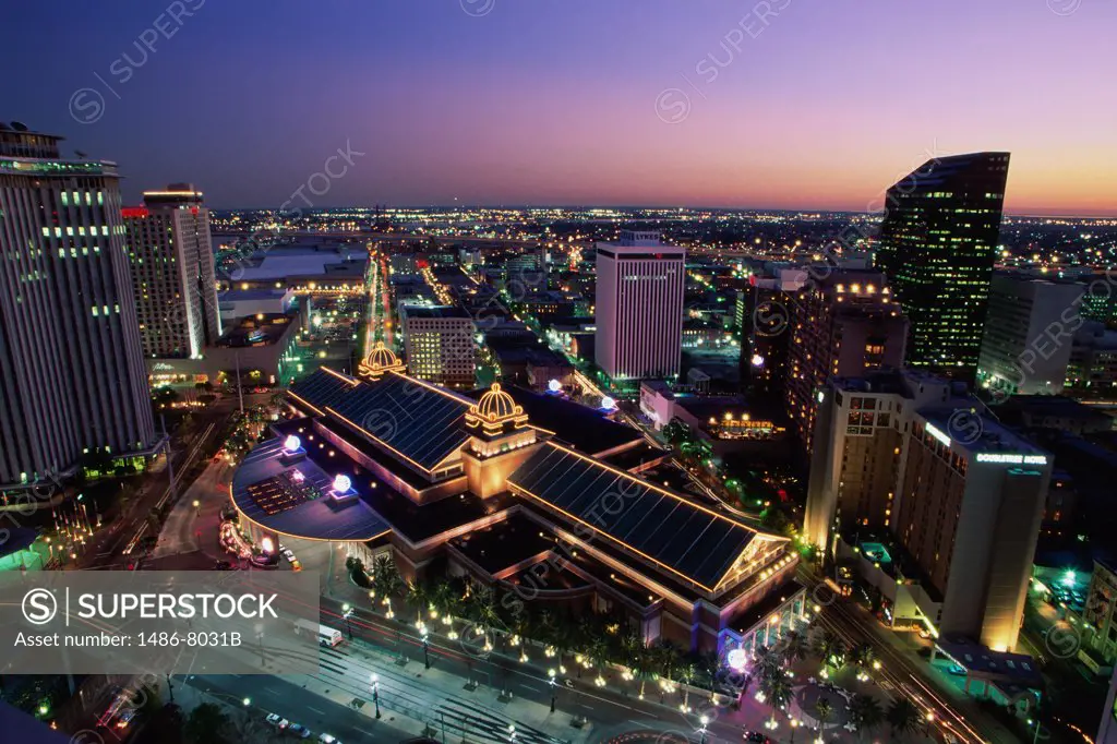 Aerial view of New Orleans lit up at night, Louisiana, USA