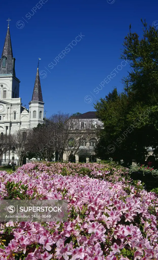 Garden with a cathedral in the background, St. Louis Cathedral, Jackson Square, French Quarter, New Orleans, Louisiana, USA