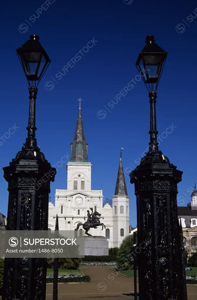 Equestrian statue in front of a cathedral, St. Louis Cathedral, Jackson Square, French Quarter, New Orleans, Louisiana, USA