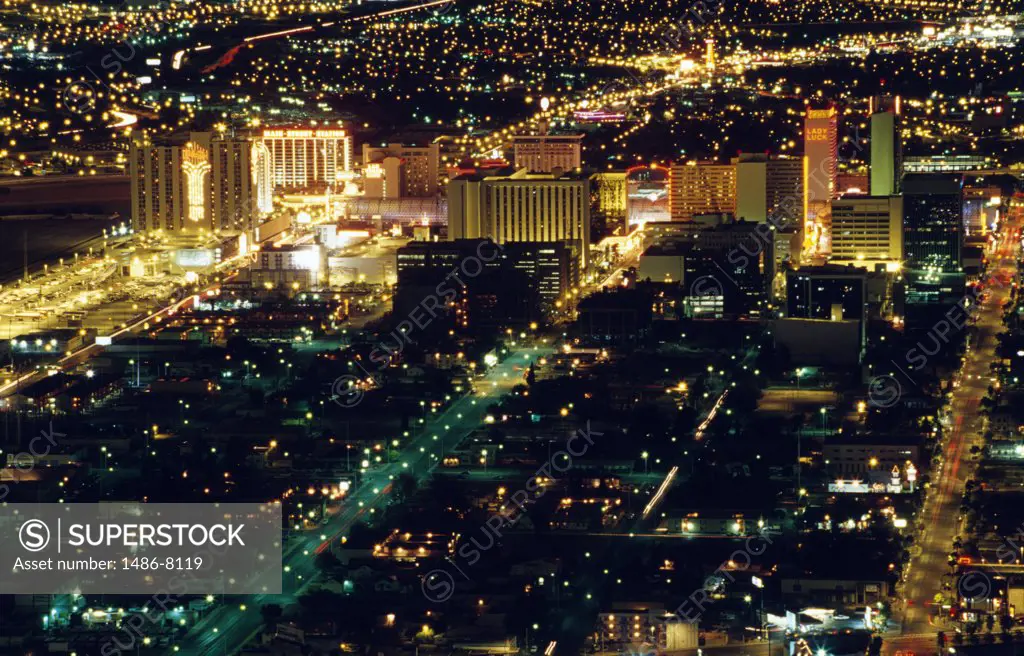 High angle view of a city lit up at night, Las Vegas, Nevada, USA
