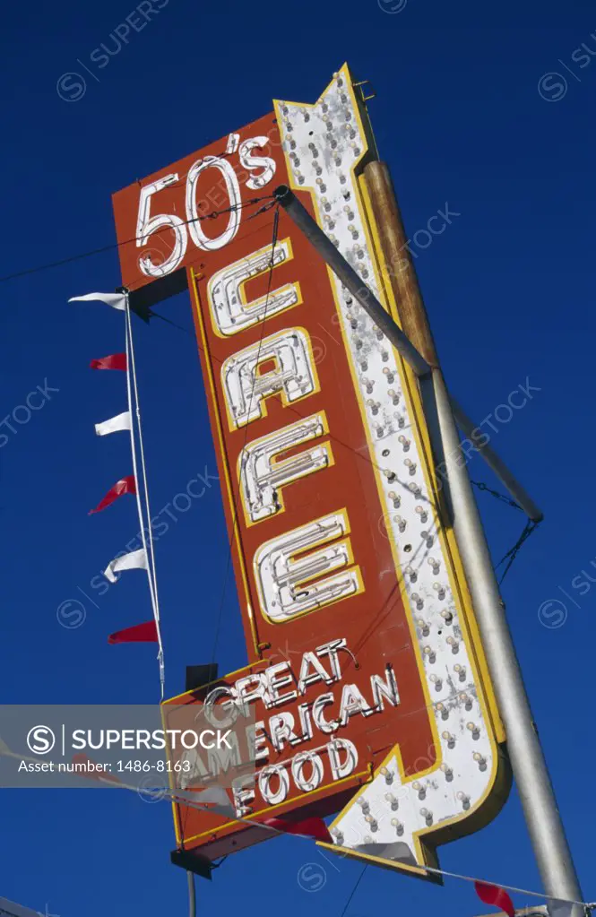 Low angle view of neon sign of a cafe, Boulder, Nevada, USA