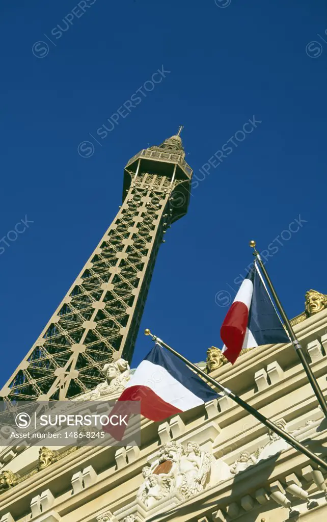 USA, Nevada, Las Vegas, Paris Las Vegas Hotel and Casino, low angle view of Eiffel Tower replica