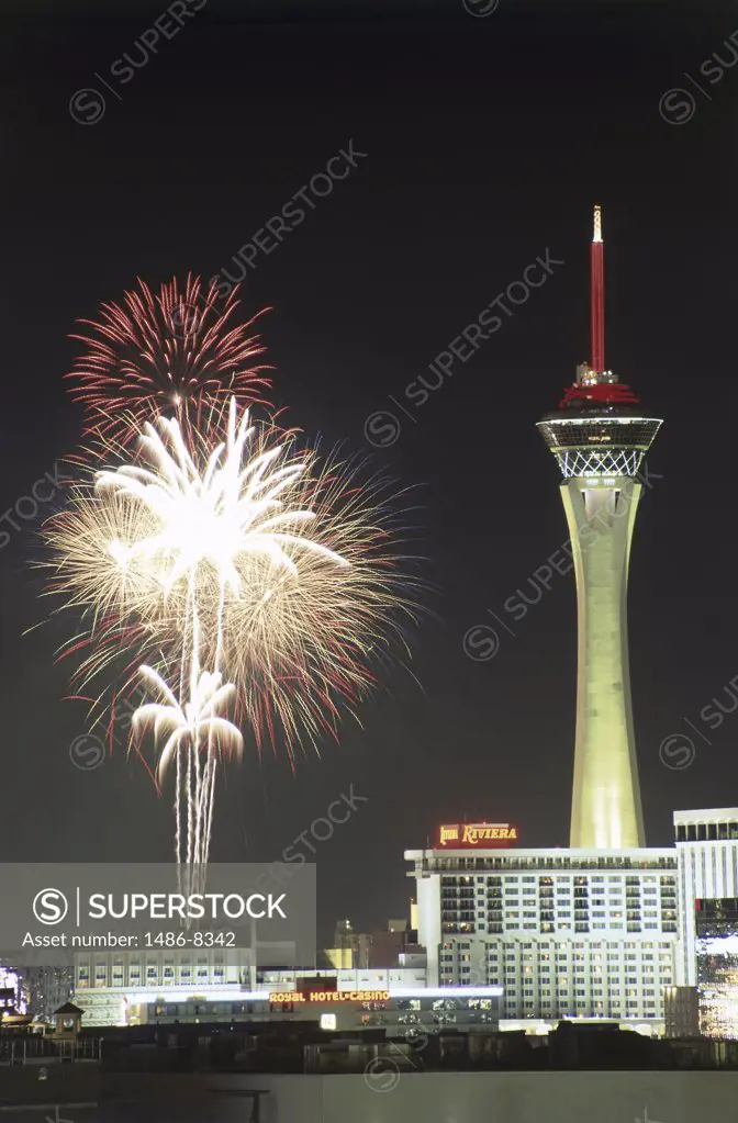 Low angle view of firework display in the sky, Stratosphere Las Vegas, Las Vegas, Nevada, USA
