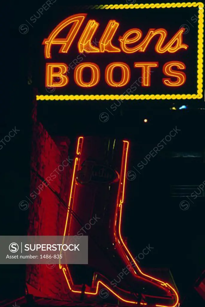 Neon sign of a boot store, Allen's Boot Store, Austin, Texas, USA
