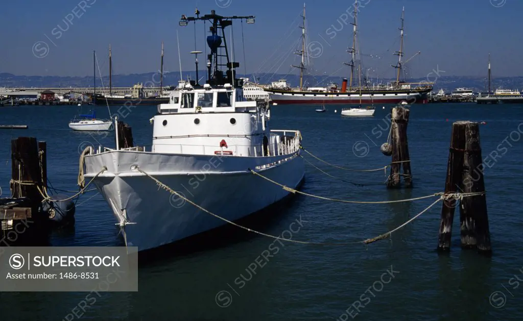 Boats moored at a harbor, Fisherman's Wharf, San Francisco, California, USA