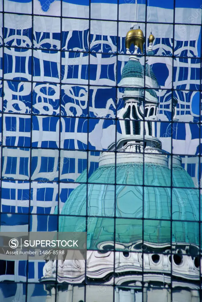 Reflection of the Old Courthouse on the glass front of a building, St. Louis, Missouri, USA